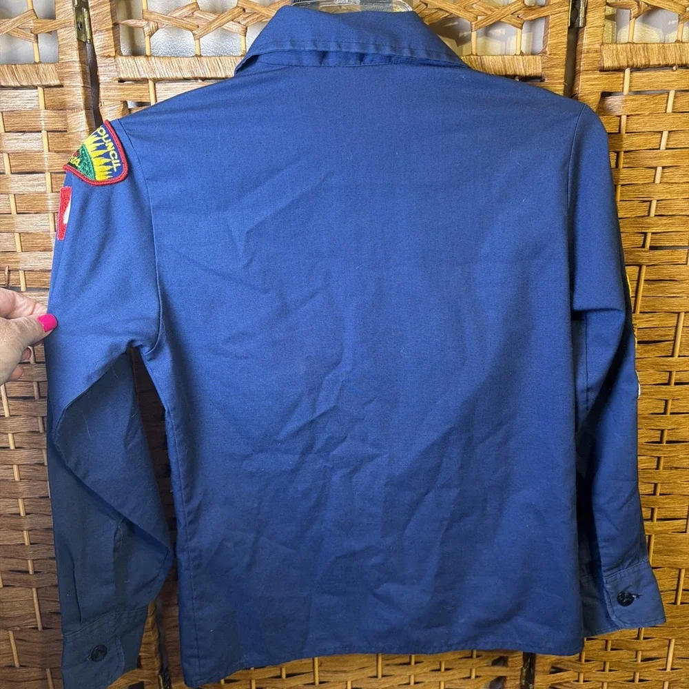 VTG BSA Blue Boy Scouts Official Long Sleeve Uniform Button Shirt Patches Belt